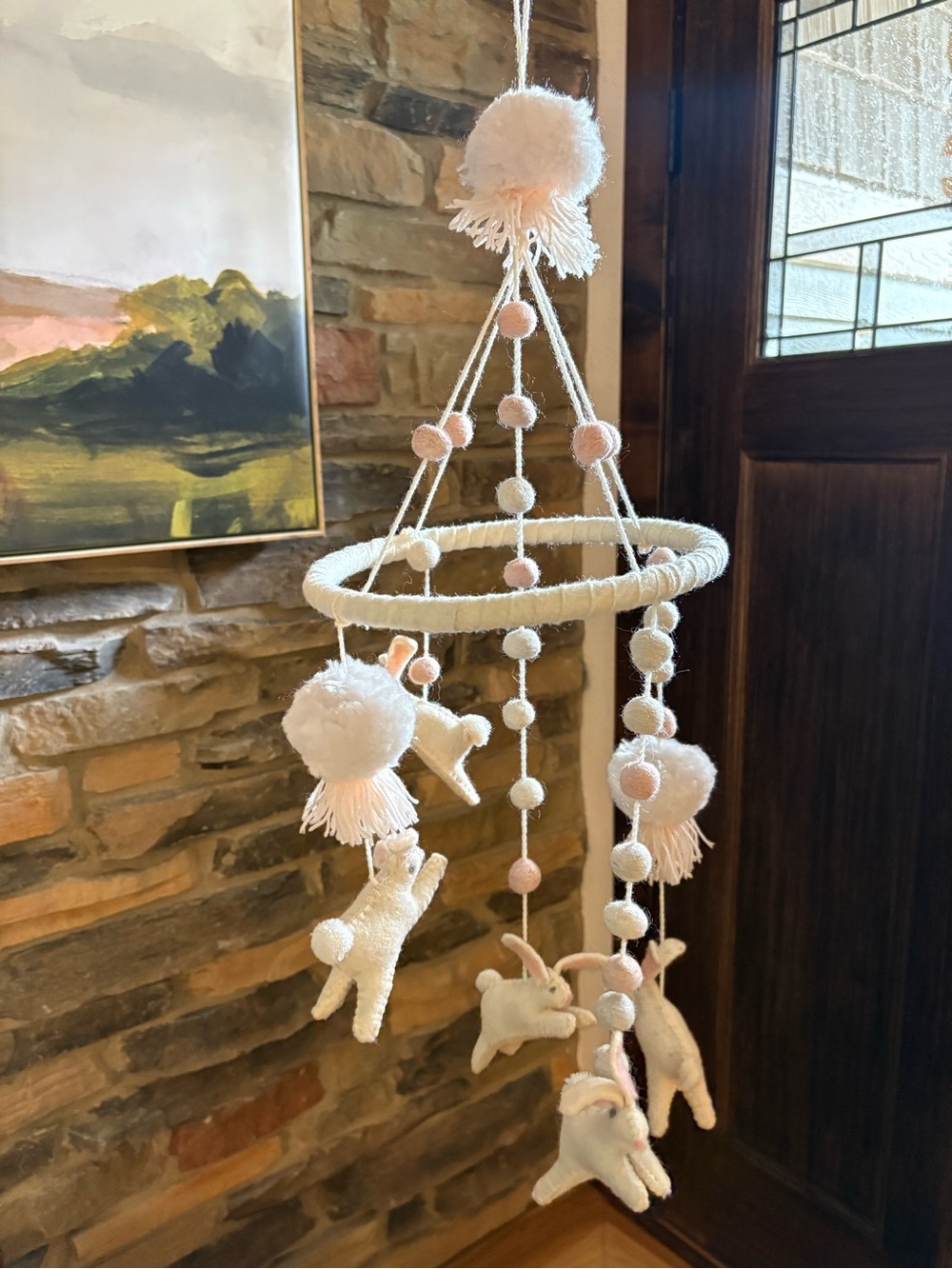 Handmade Cream and Pink Bunny Hanging Nursery Mobile